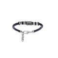 Bracelet junior en acier et cuir bleu avec rondelles et perle avec motif crois&eacute; 14+3cm