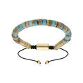 Bracelet en acier et PVD jaune avec pierres de Jasper bleu v&eacute;ritable mont&eacute;es sur cordon noir coulissant