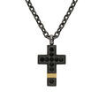 Collier en acier et PVD noir et jaune cha&icirc;ne avec pendentif petite croix et oxydes noirs 50+5cm