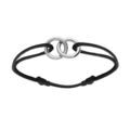 Bracelet en argent rhodi&eacute; cordon noir coulisant avec motif 2 anneaux entrelac&eacute; 10 x 10mm