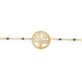 Bracelet en acier et PVD jaune cha&icirc;ne avec olives couleur noire et pastille arbre de vie 16+3cm