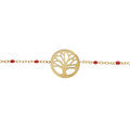 Bracelet en acier et PVD jaune cha&icirc;ne avec olives couleur rouge et pastille arbre de vie 16+3cm