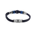 Bracelets sur Artemare : Bracelet junior en acier et cuir bovin noir double rang motif boucle et rondelle PVD bleu 16.5cm r&eacute;glable
