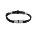 Bracelets sur Artemare : Bracelet junior en acier et cuir noir double rang motif boucle et rondelle PVD noir 16.5cm r&eacute;glable