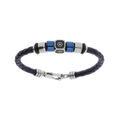 Bracelet junior en acier et cuir tress&eacute; noir cube motif roue de bateau et rondelles en PVD bleu 14.5cm+2.5cm