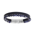 Bracelet en acier et cuir bleu avec perles Sodalite 6mm 19.5cm + 1cm double fermoir Artemare