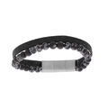 Bracelet en acier et cuir noir et perles en Onyx 6mm 19.5cm + 1cm double fermoir
