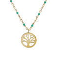 Collier en acier et PVD jaune cha&icirc;ne avec pendentif arbre de vie et olives couleur turquoise de synth&egrave;se 40+5cm Artemare