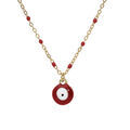 Collier en acier et PVD jaune cha&icirc;ne avec pendentif oeil de la chance et olives couleur rouge 40+5cm Artemare