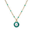 Collier en acier et PVD jaune cha&icirc;ne avec pendentif oeil de la chance et olives couleur vert 40+5cm