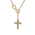 Collier en plaqu&eacute; or cha&icirc;ne avec symbole infini et 1 croix pav&eacute;e d'oxydes blancs sertis 41+3cm