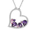 Collier en argent rhodi&eacute; massif cha&icirc;ne avec pendentif coeur et oxydes violets et roses contour oxydes blancs 40+5cm
