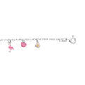 Bracelet enfant en argent rhodi&eacute; cha&icirc;ne avec pampille coeurs, fleurs et flamant rose 13+3cm