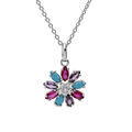 Collier en argent rhodi&eacute; cha&icirc;ne avec pendentif fleur oxydes multi couleurs 42+3cm