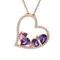 Collier en plaqu&eacute; or cha&icirc;ne avec pendentif coeur oxydes violets et roses contour oxydes blancs 40+5cm
