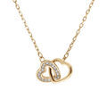 Collier en plaqu&eacute; or cha&icirc;ne avec 2 coeurs entrelac&eacute;s 1 lisse et 1 avec oxydes blancs sertis 40+5cm