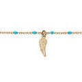Bracelet en argent et dorure jaune cha&icirc;ne avec boules couleur turquoise et pampille plume 15+3cm