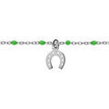 Bracelet en argent rhodi&eacute; cha&icirc;ne avec boules couleur verte et pampille fer &agrave; cheval 15+3cm
