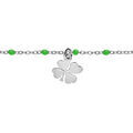 Bracelet en argent rhodi&eacute; cha&icirc;ne avec boules couleur verte et pampille tr&egrave;fle 15+3cm