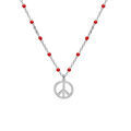 Collier en argent rhodi&eacute; cha&icirc;ne avec boules couleur rouges motif peace and love 40+5cm Artemare
