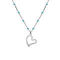 Collier en argent rhodi&eacute; cha&icirc;ne avec boules couleur turquoise avec pampille coeur 40+5cm Artemare