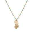 Collier en argent et dorure jaune cha&icirc;ne avec boules couleur turquoise avec pendentif attrape r&ecirc;ve 40+5cm