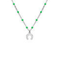 Collier en argent rhodi&eacute; cha&icirc;ne avec boules couleur verte avec pendentif fer &agrave; cheval 40+5cm