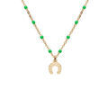 Collier en argent et dorure jaune cha&icirc;ne avec boules couleur verte avec pendentif fer &agrave; cheval 40+5cm