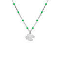 Collier en argent rhodi&eacute; cha&icirc;ne avec boules couleur verte avec pendentif tr&egrave;fles 40+5cm Artemare