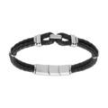 Bracelet en acier et double tresse en cuir noir et double fermoir 19+1cm