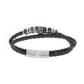 Bracelet en acier et cuir bleu tress&eacute; 2 rangs avec multi anneaux 19.5+1cm double fermoir Artemare