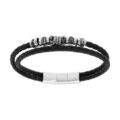 Bracelets sur Artemare : Bracelet en acier et cuir noir tress&eacute; 2 rangs avec multi anneaux 19.5+1cm double fermoir