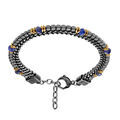 Bracelet en acier 2 rangs maille plate et cubes H&eacute;matites et boules facett&eacute;es Lapis Lazuli 18+3cm