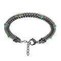 Bracelet en acier 2 rangs maille plate et cubes H&eacute;matites et boules facett&eacute;s turquoise de synth&egrave;se 18+3cm Artemare