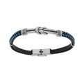 Bracelet en acier et cuir noir avec couture bleu et motif noeud patin&eacute; 20cm r&eacute;glable Artemare