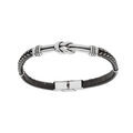 Bracelet en acier et cuir noir avec couture grise et motif noeud patin&eacute; 20cm r&eacute;glable Artemare