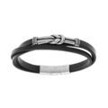 Bracelet en acier et cuir bovin noir 3 rangs motif noeud - 19+1cm double fermoir