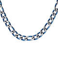 Collier en acier maille 1+3 en 5mm effet bross&eacute;, aspect patin&eacute; et chanfrein bleu 55cm