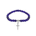 Bracelet extensible en argent rhodi&eacute; avec pierres naturelles 6mm Agate bleu fonc&eacute; et pampille croix 15mm oxydes blancs