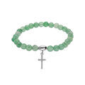 Bracelet extensible en argent rhodi&eacute; avec pierres naturelles 6mm Agate verte avec croix 15mm oxydes blancs