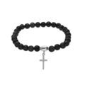 Bracelet extensible en argent rhodi&eacute; avec pierres naturelles 6mm Agate noire avec croix 15mm oxydes blancs