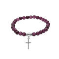Bracelet extensible en argent rhodi&eacute; avec pierres naturelles 6mm Agate violette avec croix 15mm oxydes blancs