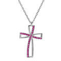 Collier en argent rhodi&eacute; cha&icirc;ne avec pendentif croix et oxydes roses sertis longueur 40+5cm Artemare