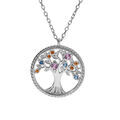 Collier en argent rhodi&eacute; cha&icirc;ne avec pendentif motif arbre de vie contour perl&eacute; et oxydes multi couleurs 42+3cm Artemare