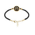 Bracelet Stella Mia en acier et PVD dor&eacute; cordon noir pastille ronde motif v&eacute;g&eacute;tal nacre blanche 16+3cm Artemare