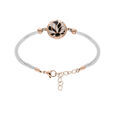 Bracelet Stella Mia en acier et PVD rose avec cordon blanc pastille ronde motif v&eacute;g&eacute;tal blancs et noirs 16+3cm