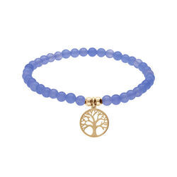 Bracelet extensible en acier et PVD jaune perles 4mm pierres naturelles Agate bleu et pampille arbre de vie