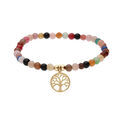 Bracelet extensible en acier et PVD jaune perles 4mm pierres naturelles Agate multi couleur et pampille arbre de vie
