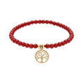 Bracelet extensible en acier et PVD jaune perles 4mm pierres naturelles Agate rouge et pampille arbre de vie