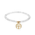 Bracelet en acier et PVD dor&eacute; extensible perles 4mm pierres naturelles Agate blanche et pampille arbre de vie Artemare